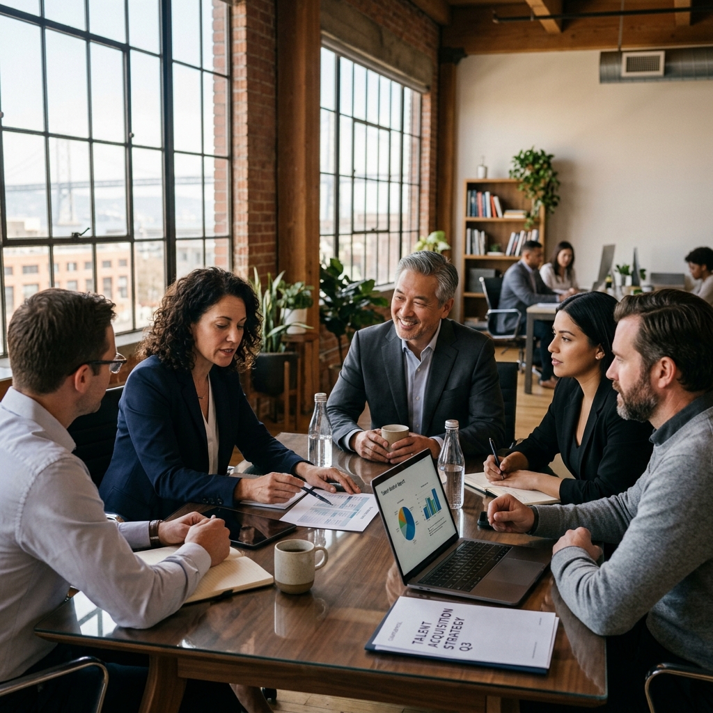 Tech executives collaborating around a conference table in a warm, modern loft office — Detroit Tech Headhunters and Executive Search